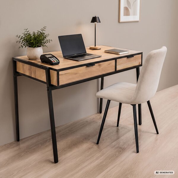 AKORD Furniture Factory ZENTIA Ipari Számítógépasztal Diófa Craft Fekete Lábakkal 2 Fiókkal