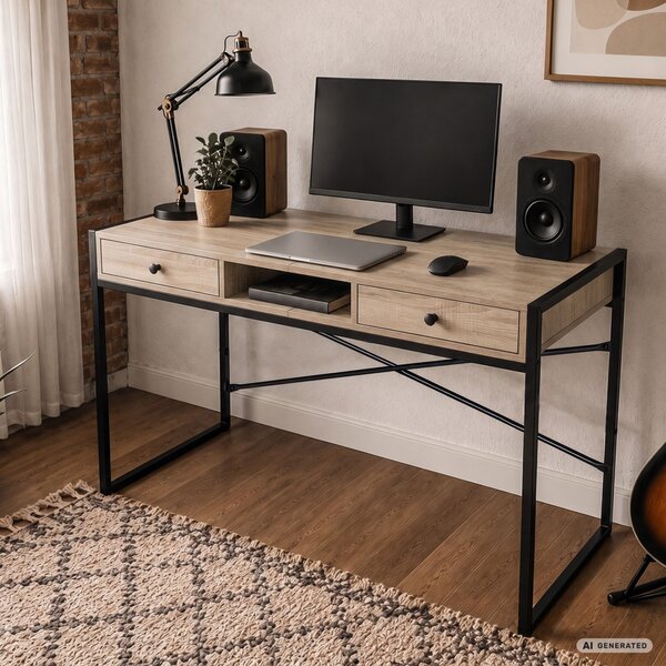 AKORD Furniture Factory ELONIS Ipari Számítógépasztal Sonoma Tölgy-Fekete 2 Fiókkal és 1 Polccal