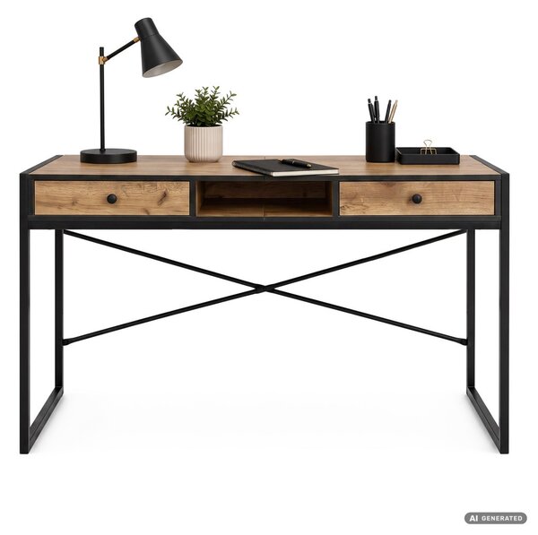 AKORD Furniture Factory ELONIS Ipari Számítógépasztal Tölgy Craft Fekete Lábakkal 2 Fiókkal