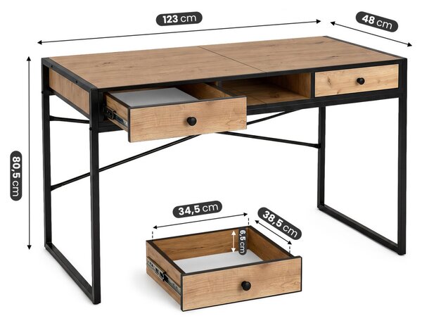 AKORD Furniture Factory ELONIS Ipari Számítógépasztal Tölgy Craft Fekete Lábakkal 2 Fiókkal
