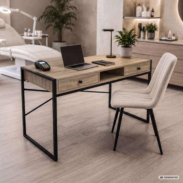 AKORD Furniture Factory ELONIS Ipari Számítógépasztal Sonoma Tölgy-Fekete 2 Fiókkal és 1 Polccal
