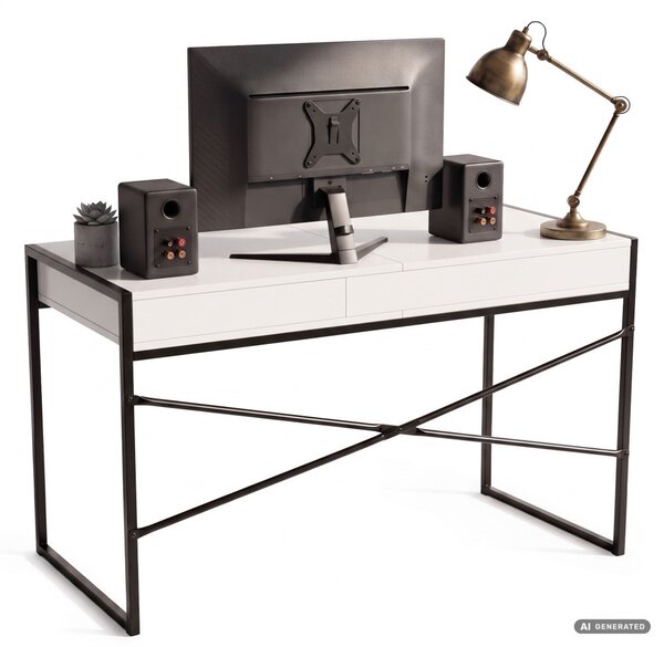 AKORD Furniture Factory Elonis Ipari Számítógépasztal Fehér-Fekete 123 cm 2 Fiókkal és 1 Polccal