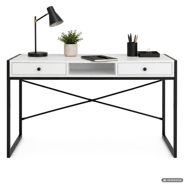 AKORD Furniture Factory Elonis Ipari Számítógépasztal Fehér-Fekete 123 cm 2 Fiókkal és 1 Polccal