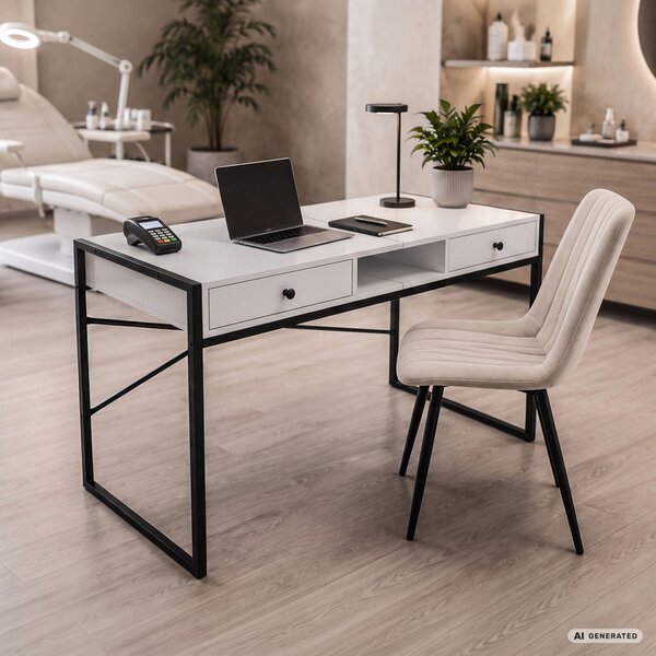 AKORD Furniture Factory Elonis Ipari Számítógépasztal Fehér-Fekete 123 cm 2 Fiókkal és 1 Polccal