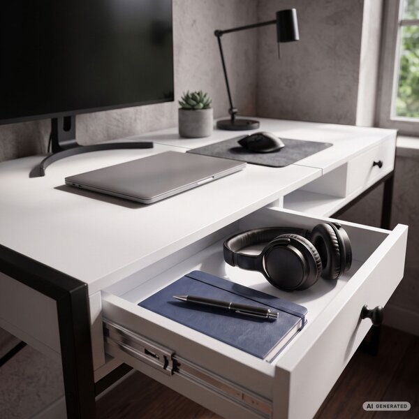 AKORD Furniture Factory Elonis Ipari Számítógépasztal Fehér-Fekete 123 cm 2 Fiókkal és 1 Polccal