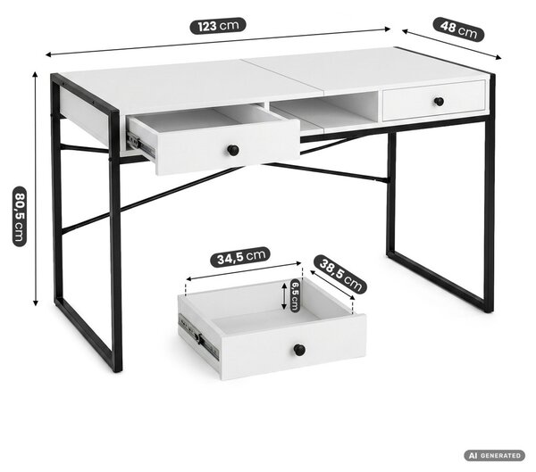 AKORD Furniture Factory Elonis Ipari Számítógépasztal Fehér-Fekete 123 cm 2 Fiókkal és 1 Polccal