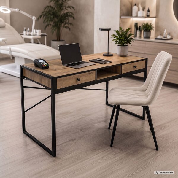 AKORD Furniture Factory ELONIS Ipari Számítógépasztal Tölgy Craft Fekete Lábakkal 2 Fiókkal