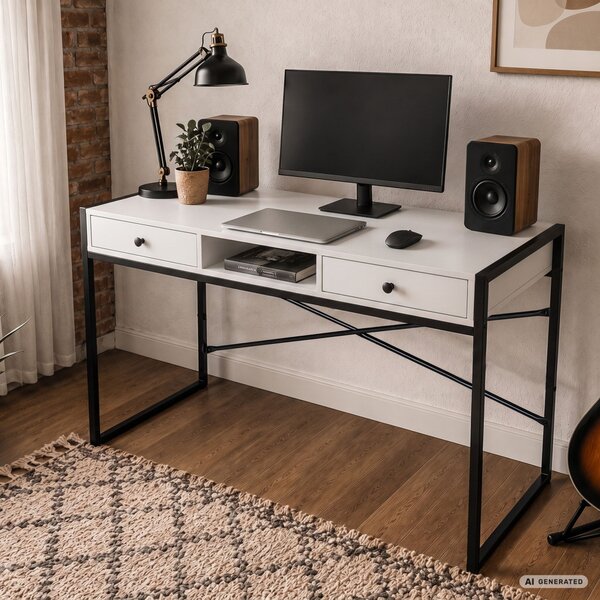 AKORD Furniture Factory Elonis Ipari Számítógépasztal Fehér-Fekete 123 cm 2 Fiókkal és 1 Polccal