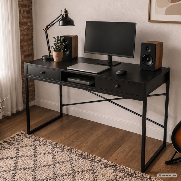 AKORD Furniture Factory Elonis Ipari Számítógépasztal Fekete 123 cm 2 Fiókkal és 1 Polccal