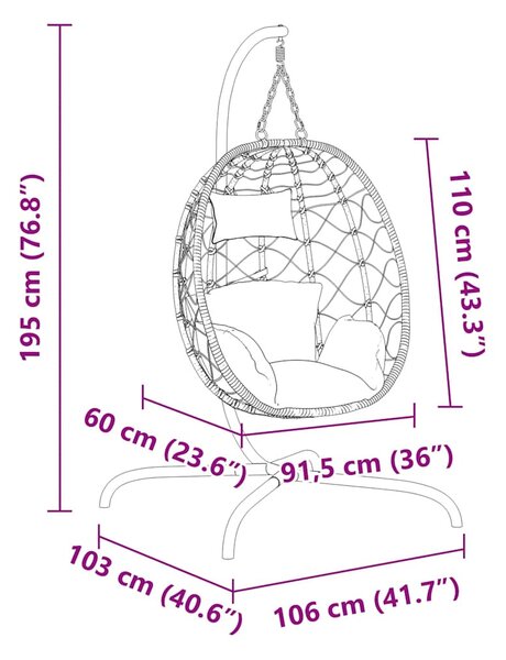 Tópszínű polyrattan és acél függő kagylószék párnával
