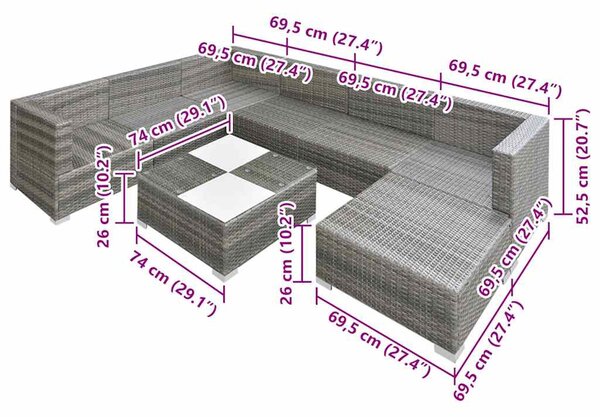 8-részes szürke polyrattan kerti bútorszett párnákkal