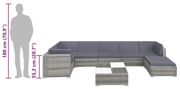 8-részes szürke polyrattan kerti bútorszett párnákkal