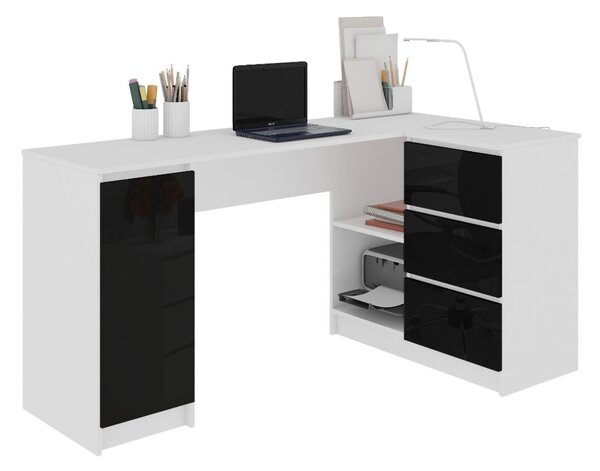 AKORD20 íróasztal, 155x77x85/48,5, fehér/magasfényű fekete, jobbos