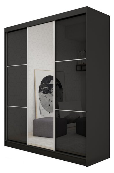 BIBIANA tolóajtós ruhásszekrény tükörrel, fekete, 180x216x61