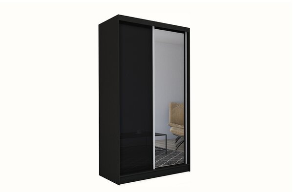 PATTI tolóajtós ruhásszekrény tükörrel, fekete, 150x216x61