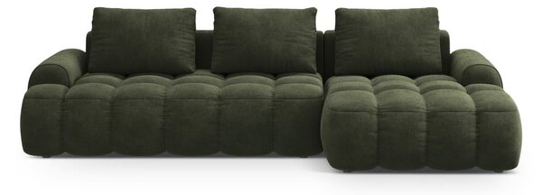Zöld bársony kinyitható-tárolóhelyes sarokkanapé (jobb oldali-heverő résszel) Linz – Cosmopolitan Design