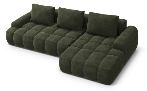 Zöld bársony kinyitható-tárolóhelyes sarokkanapé (jobb oldali-heverő résszel) Linz – Cosmopolitan Design
