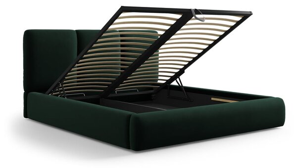 Sötétzöld bársony kárpitozott ágyneműtartós franciaágy ágyráccsal 180x200 cm Brody – Mazzini Beds