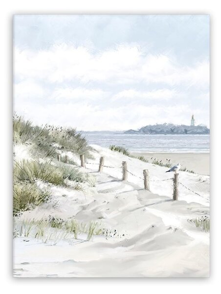 Vászon falikép, fehér homokos tengerpart, 50x70 cm, világoskék - PHARE AU LOIN