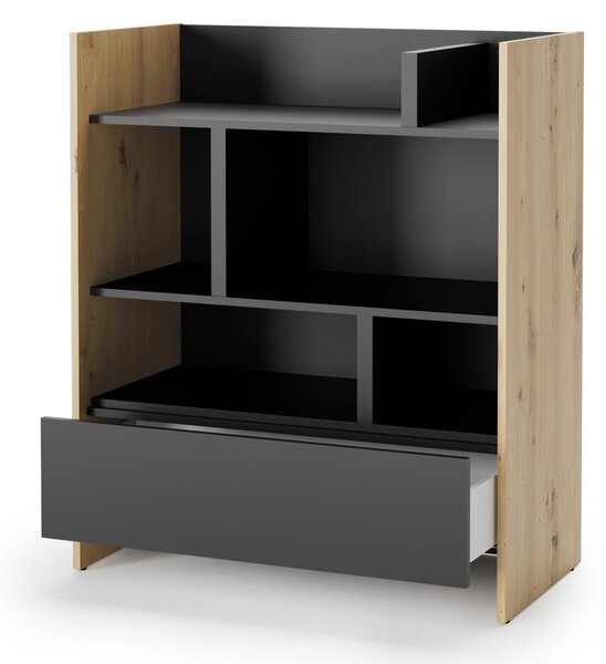 Könyvespolc Concept Lenart VIII, Fiókokkal, Nyitott, Laminált forgácslap, 108x92x46cm, Fekete, Artisan tölgy