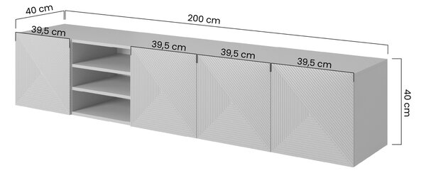 Asha fali RTV szekrény 200 cm - fekete matt, bordázott előlap / nyitott polc