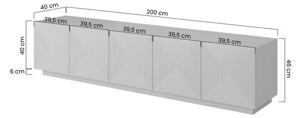 Asha RTV szekrény 200 cm bordázott előlapokkal – fekete matt