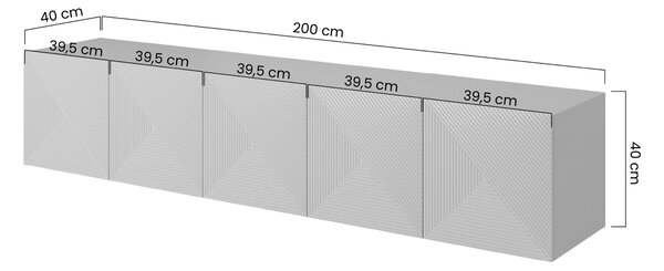 Asha falra szerelhető TV szekrény 200 cm, bordázott előlap - matt fekete