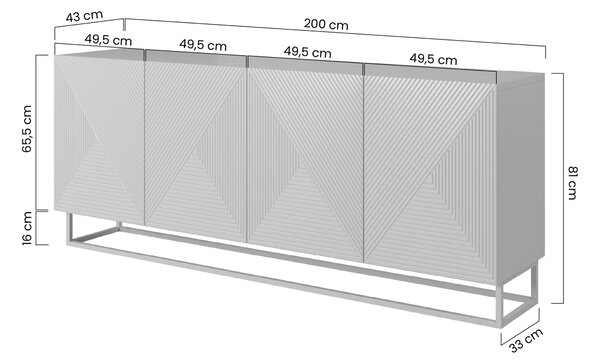 Asha komód 200 cm négyajtós - fekete matt / fekete váz