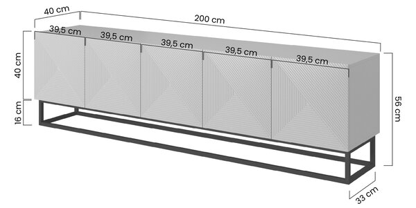 Asha TV-szekrény 200 cm fémlábakon - matt fehér
