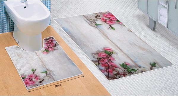 Virágos, rózsaszín 3D fürdőszobai szőnyegkészlet, 60 x 100 cm, 50 x 60 cm