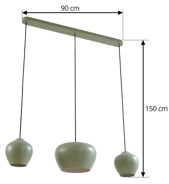 Lucande függőlámpa Malisa, zöld, 3-lámpás, fém, hossza 90cm, dimmelhető, Zöld, Nappali / Étkező, fém, Skandináv