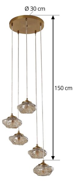 Lindby függőlámpa Piatra, Ø45cm, 5 lámpás, konyak/réz, üveg, dimmelhető, Krém / borostyánsárga, Nappali / Étkező, Üveg, Modern