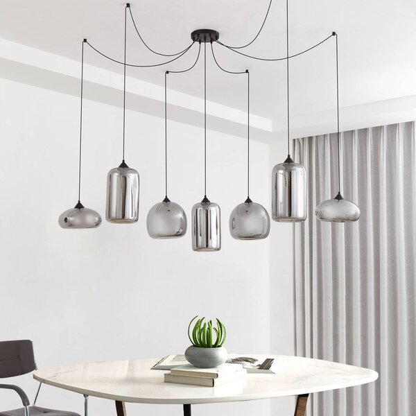Lindby függőlámpa Marla, 7-light, üveg, füstös szürke, 128cm, dimmelhető, Fekete, Nappali / Étkező, Üveg, Modern