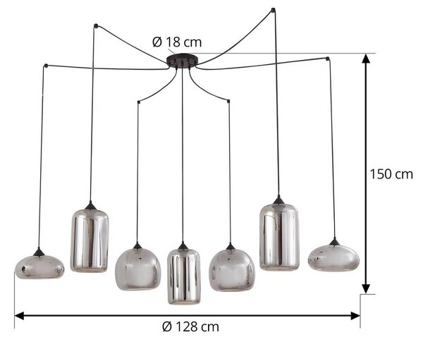 Lindby függőlámpa Marla, 7-light, üveg, füstös szürke, 128cm, dimmelhető, Fekete, Nappali / Étkező, Üveg, Modern