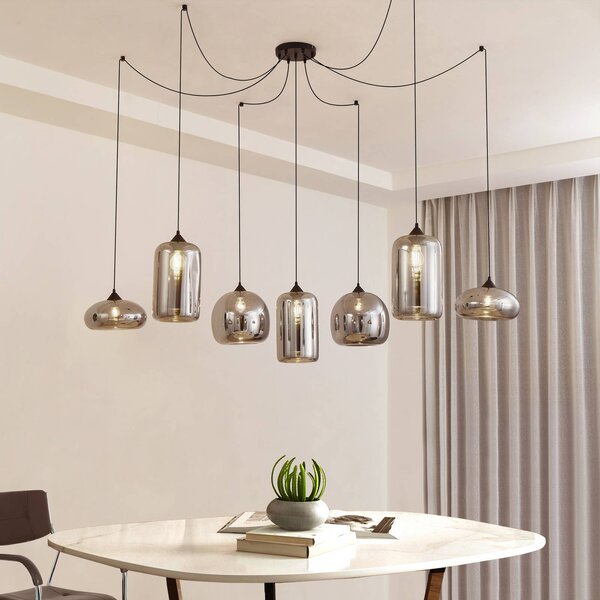 Lindby függőlámpa Marla, 7-light, üveg, füstös szürke, 128cm, dimmelhető, Fekete, Nappali / Étkező, Üveg, Modern