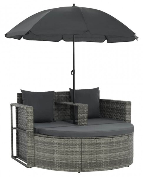 Szürke kétszemélyes polyrattan kanapé párnákkal és napernyővel