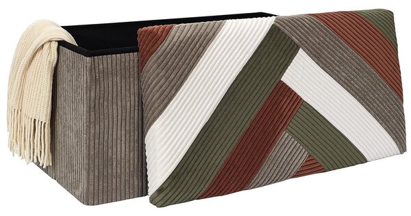 Összehajtható tárolós pad, patchwork kordbársony 76x38 cm, szürkés-barna mintás - CHERANCE