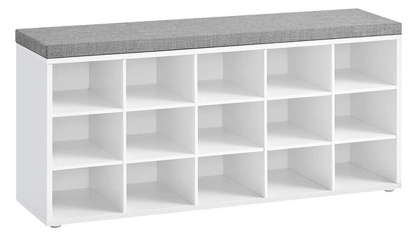 Cipőpad, cipős szekrénypárnázott üléssel, fehér és szürke, 105x30x48