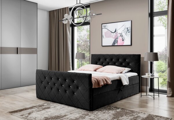 MALAGA kárpitozott boxspring ágy + topper, 180x200, fekete