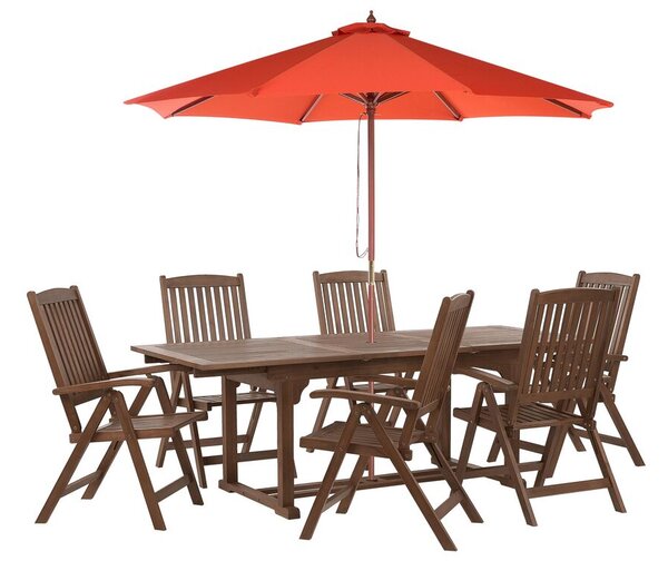 Hatszemélyes akácfa étkezőgarnitúra piros napernyővel AMANTEA