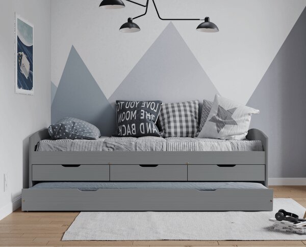 KONDELA Ágy kihúzható pótággyal, szürke, tömörfa, 90x200, MARINELLA NEW
