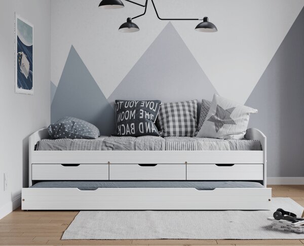 KONDELA Ágy kihúzható pótággyal, fehér, tömörfa, 90x200, MARINELLA NEW