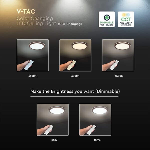 V-TAC mennyezeti vékony fabetétes 36W LED lámpa, CCT, távirányítóval - SKU 24140