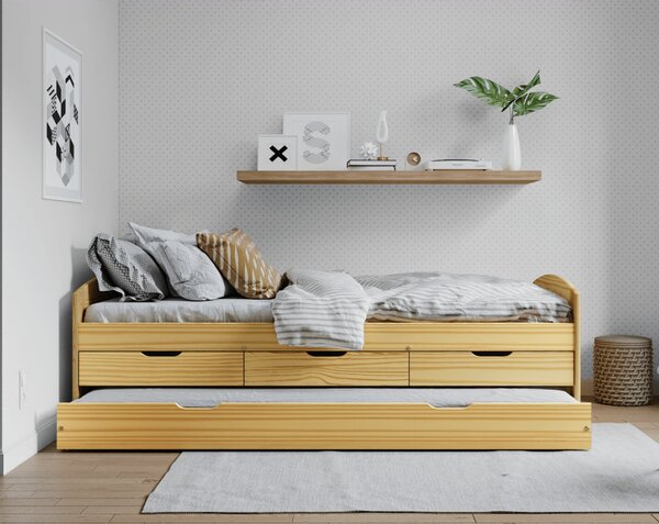 KONDELA Ágy kihúzható pótággyal, természetes, tömörfa, 90x200, MARINELLA NEW