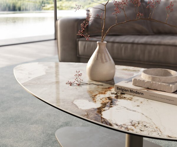 DELIFE Dohányzóasztal Edge organikus 140x76 cm kerámia Minas melange Vibany fém effektfinish titán