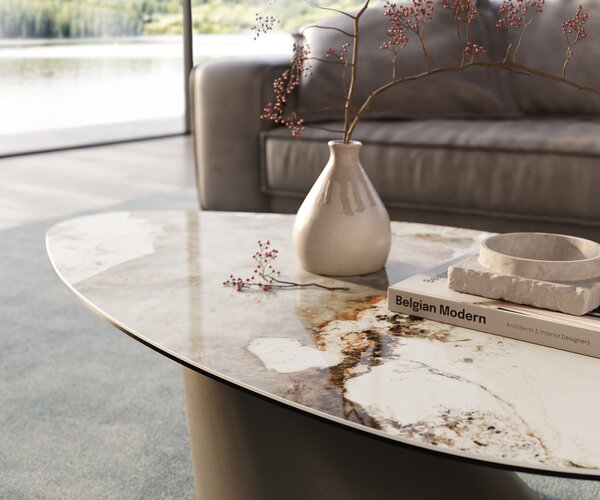 DELIFE Dohányzóasztal Edge organikus 140x76 cm kerámia Minas melange Conis fém titán színű effektfinish