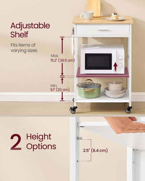 Carucior bucatarie cu sertar, Barnet, Alb, 60x45x90 cm
