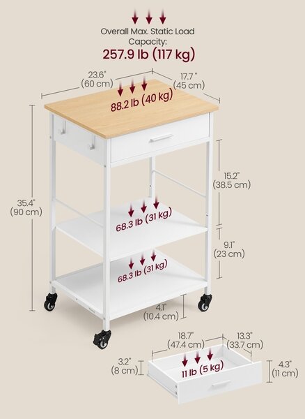 Carucior bucatarie cu sertar, Barnet, Alb, 60x45x90 cm
