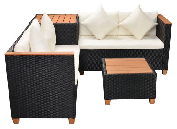 4-részes fekete polyrattan kerti bútorszett párnákkal