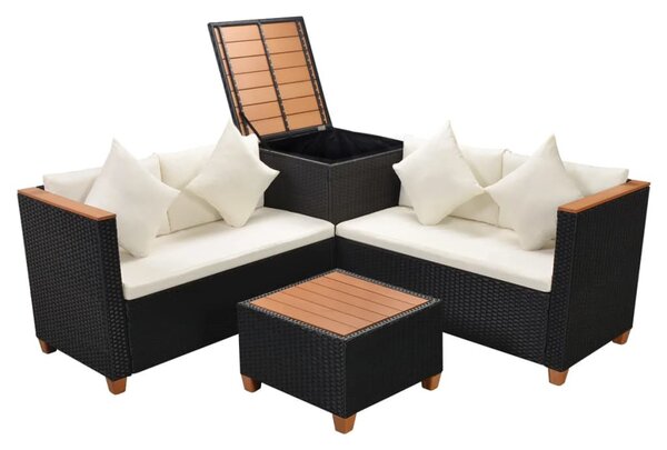 4-részes fekete polyrattan kerti bútorszett párnákkal
